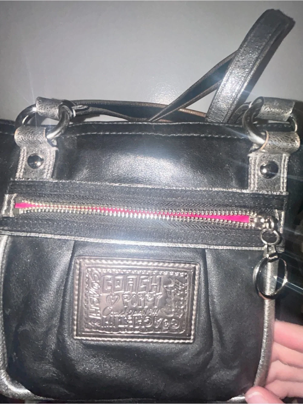 Coach Poppy Black & Silver Metallic Leather Satchel Tote Bag. Y2K!